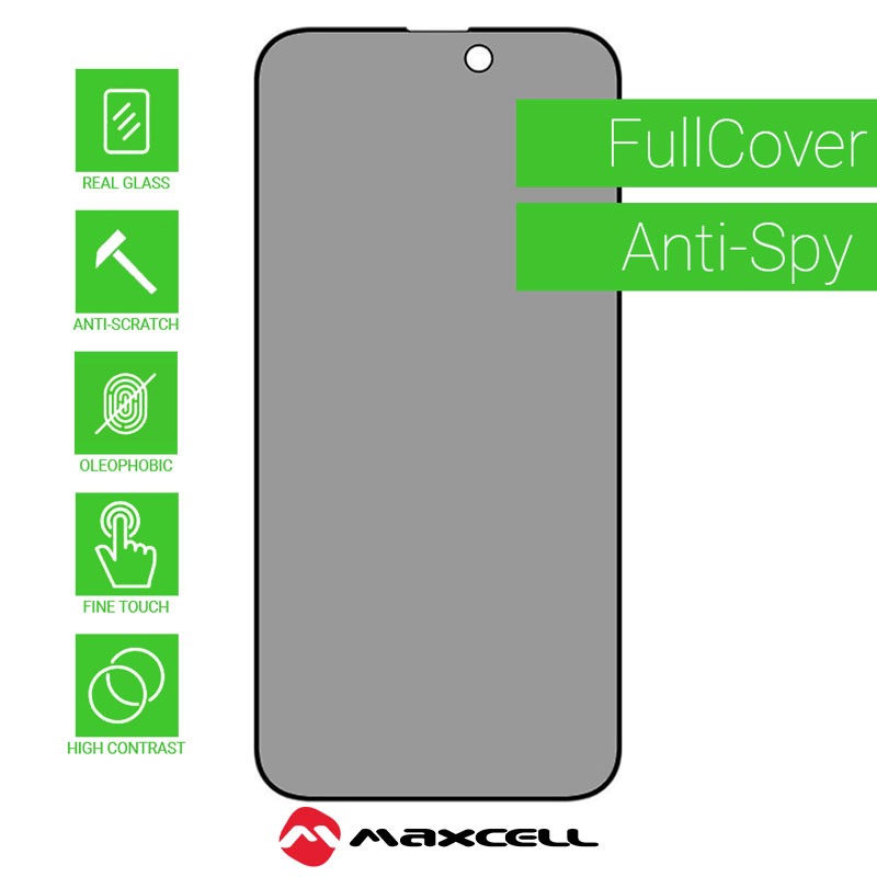 MX Privacy » Folie iPhone 16 / 15 / 14 Pro - Tempered Glass, AntiSpy, Black frame