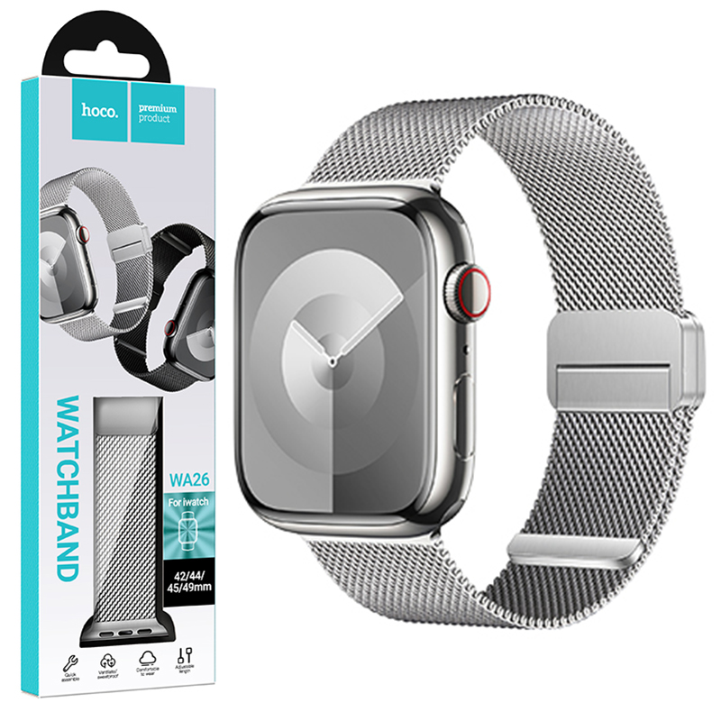 Hoco (WA26) - Curea metalica, pentru iWatch, inchidere magnet, Universal Size (42/44/45/49mm) - Double Buckle, Milanese Style | Silver