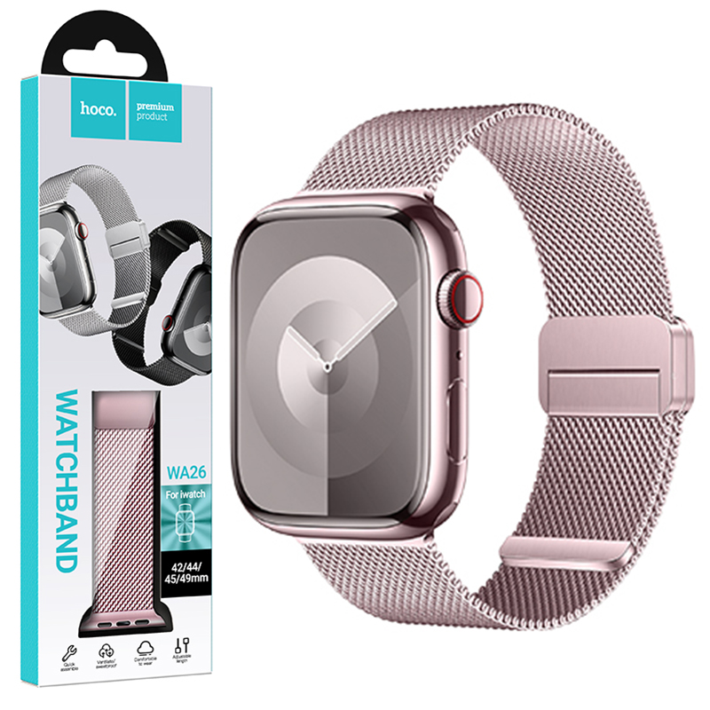 Hoco (WA26) - Curea metalica, pentru iWatch, inchidere magnet, Universal Size (42/44/45/49mm) - Double Buckle, Milanese Style, Rose PINK
