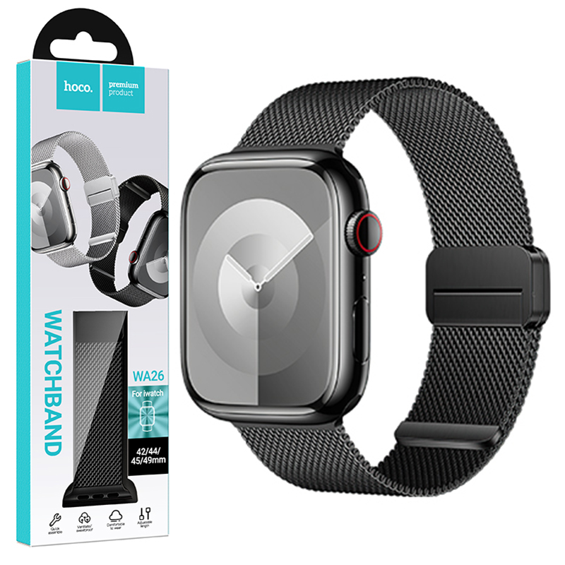 Hoco (WA26) - Curea metalica, pentru iWatch, inchidere magnet, Universal Size (42/44/45/49mm) - Double Buckle, Milanese Style, Black