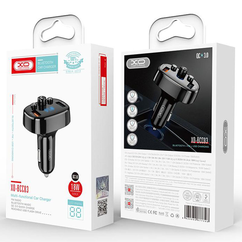 XO (BCC03) - Modulator FM | BT, 18W, 2xUSB-A, 2xUSB-A, QC 3.0, Power LED, Black