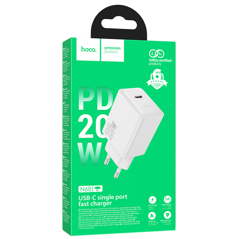 Hoco (N68) » Incarcator Retea, (PD20W) 5V, 3A, 1xUSB-C, FastCharge, WHITE