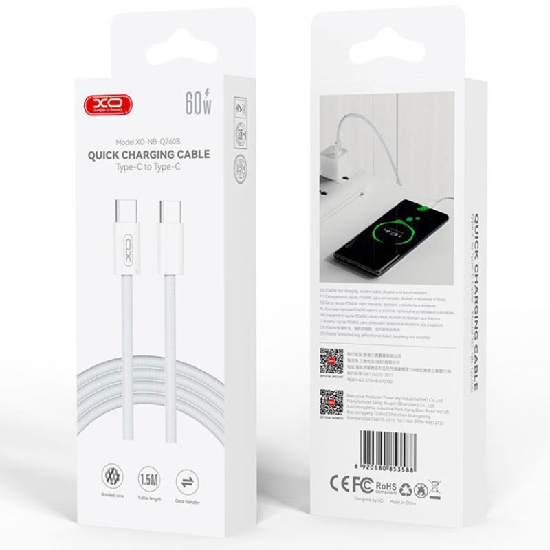 XO (NB-Q260B) » Cablu Date si Incarcare, USB-C, PD60W, QC3.0, Braided, 1.5m, WHITE