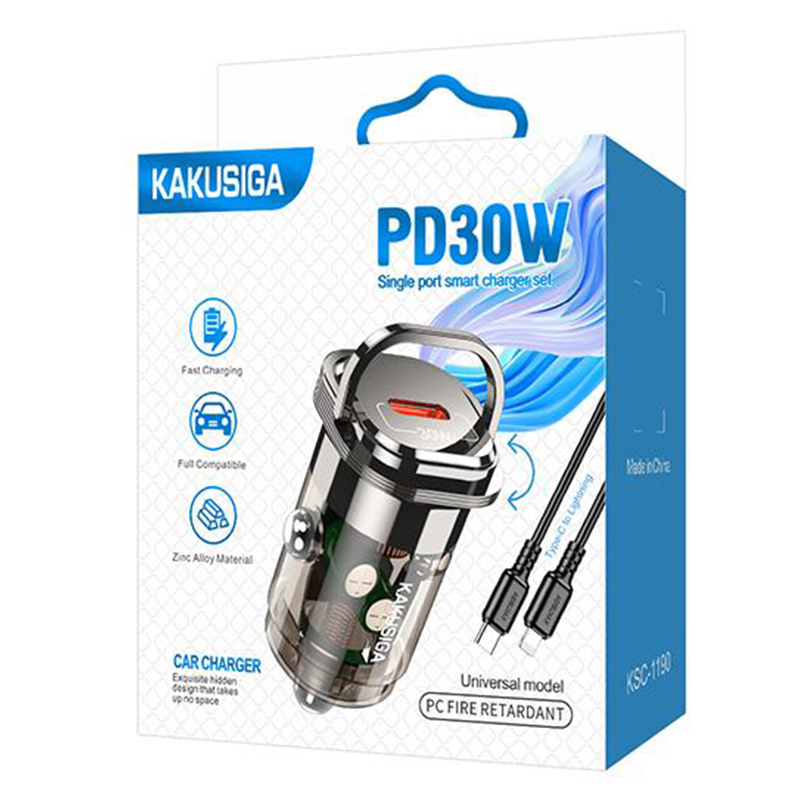 Kaku (KSC-1190) - Incarcator Auto + Cablu Lightning, 1m, PD30W, 1xUSB-C, Black