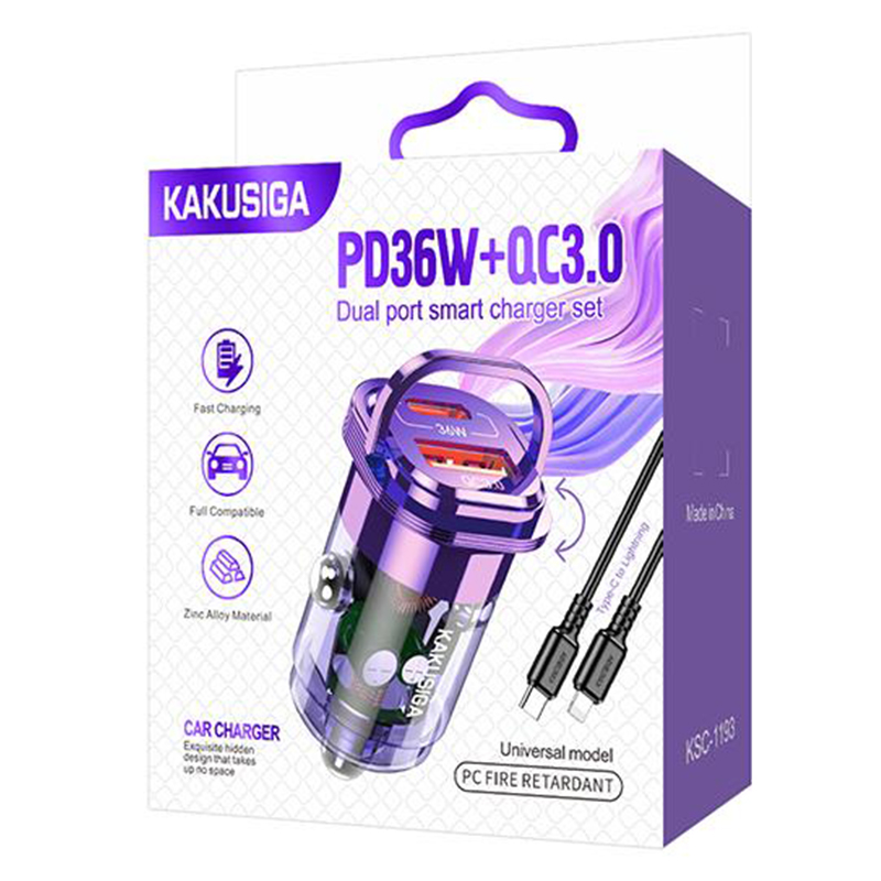 Kaku (KSC-1193) - Incarcator Auto + Cablu Lightning, 1m, PD36W, 1xUSB-C, 1xUSB-A, Purple