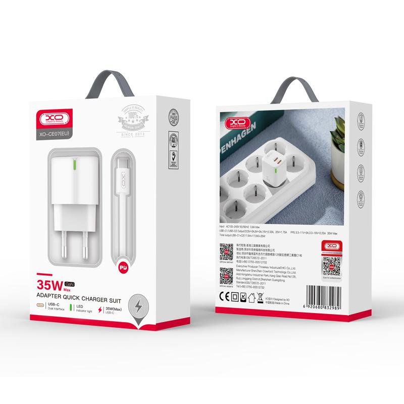 XO (CE07) - Incarcator Retea + Cablu Lightning, 1m, GaN, PD35W, 2xUSB-C, White