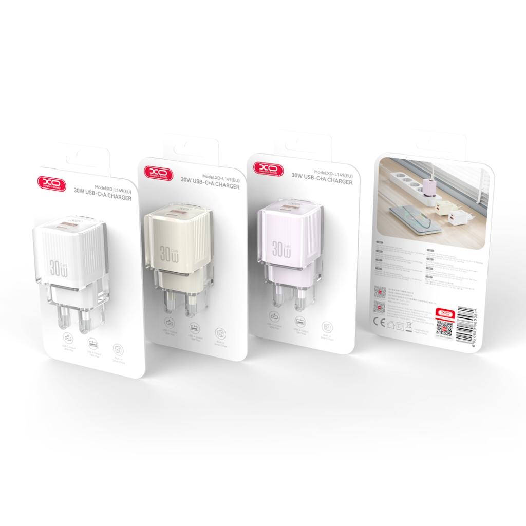 XO (L149) - Incarcator Retea, 18W, 5V, 3A, 1xUSB-C, 1xUSB-A, BEIGE