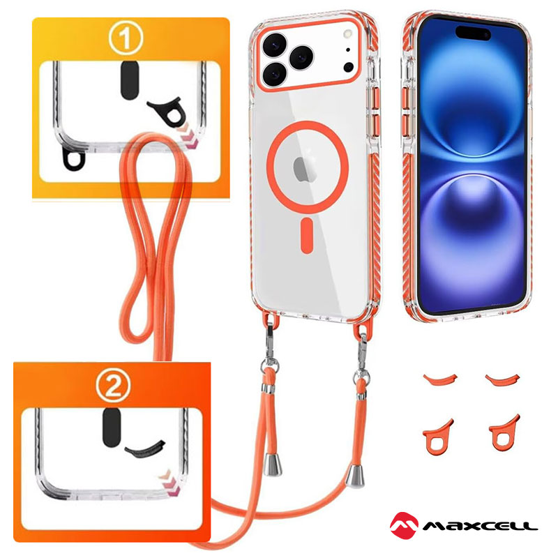 Husa MagFrame » iPhone 17 Pro Max, AntiDrop 2in1, Snur Detasabil, CLEAR / ORANGE frame