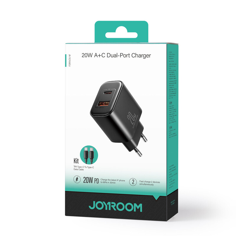 Joyroom (JR-TCF05) - Incarcator Retea + Cablu Lightning, 20W, 1xUSB-C, 1xUSB-A, PD, QC 3.0, Black