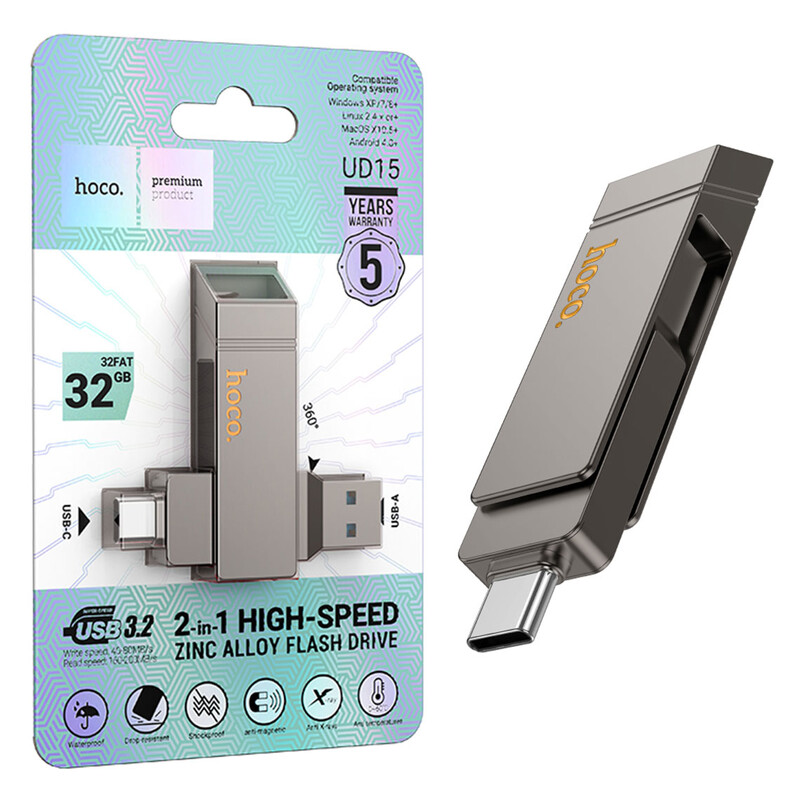 Hoco (UD15) - Memory Stick, 32GB, Dual USB-C + USB-A 3.2, High Speed, Flash Drive, Gray