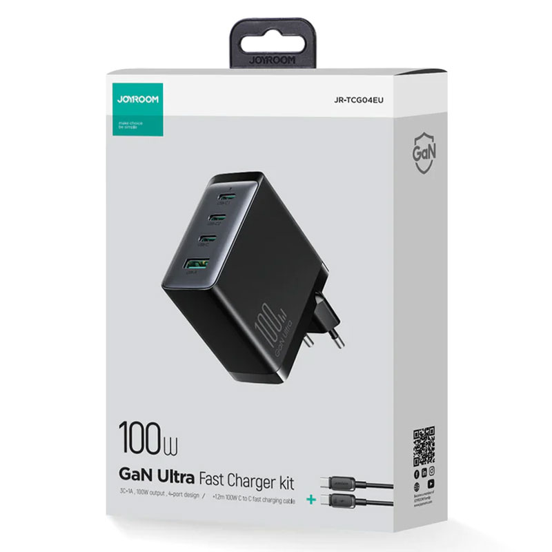 Joyroom (JR-TCG04EU) - Incarcator Retea + Cablu USB-C, Gan, 100W, 5V, 3xUSB-C, 1xUSB-A, PD, QC 3.0, Black