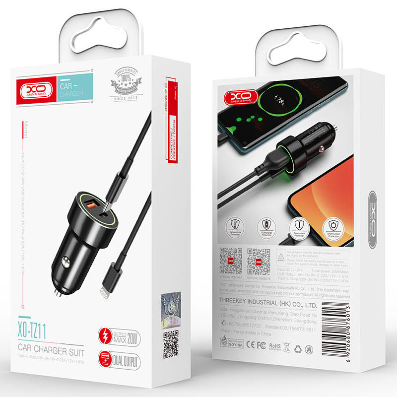 XO (TZ11) - Incarcator Auto + Cablu Lightning, 18W, 1xUSB-C, 1xUSB-A, PD, QC 3.0, Black