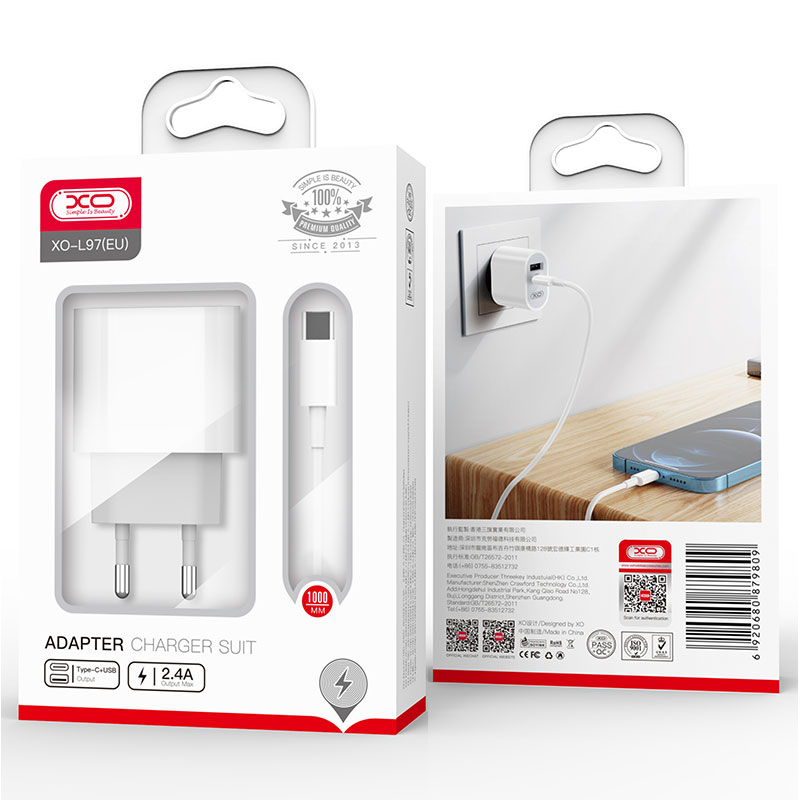XO (L97) - Incarcator Retea + Cablu USB-C, 2.4A, 1xUSB-C, 1xUSB-A, PD, QC 3.0, White