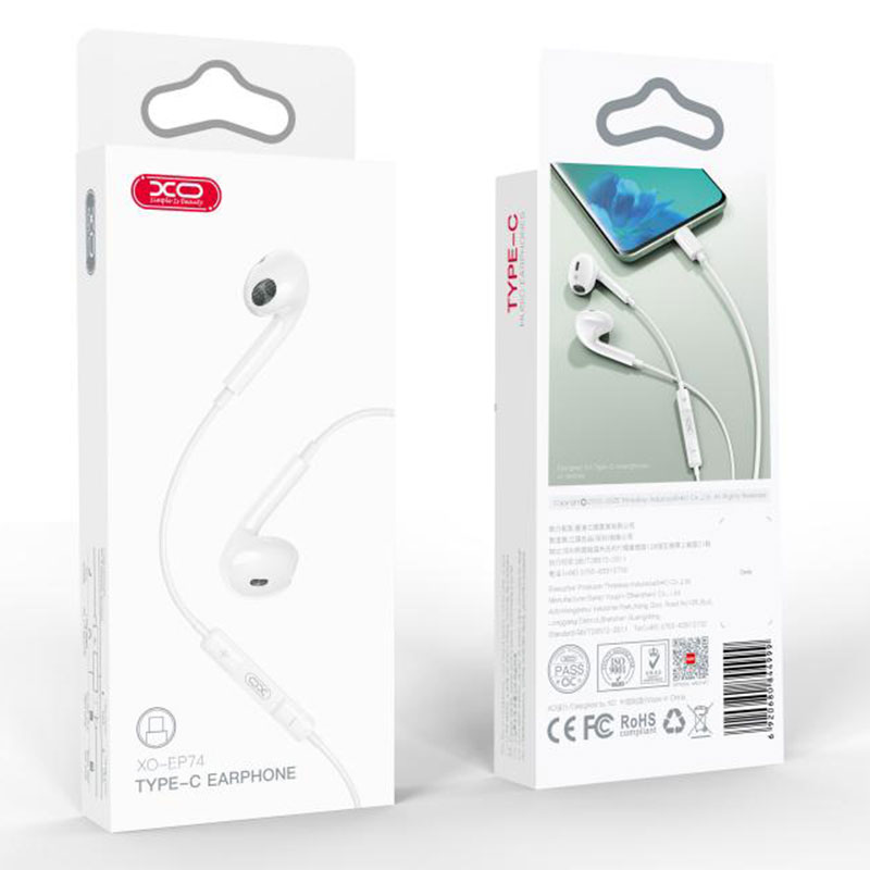 XO (EP74) - Casti cu Fir, In Ear, USB-C, 1.2m, Mic & Volume Key, HiFi, White