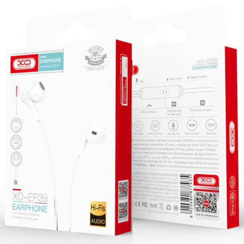 XO (EP39) - Casti cu Fir, In Ear, 3.5mm, 1.2m, Mic & Volume Key, HiFi, White