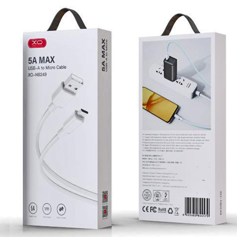XO (NB249) - Cablu Date si Incarcare, USB-A la MicroUSB, 5A, Braided, 1m, White