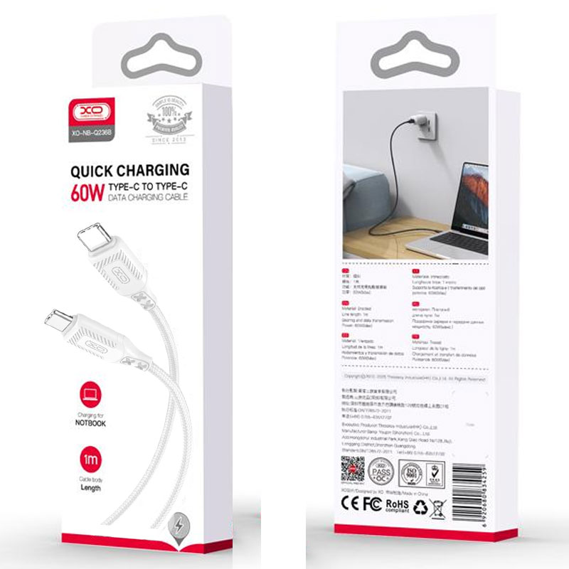 XO (NB-Q236B) - Cablu Date si Incarcare, USB-C, PD60W, QC3.0, Braided, 1m, White