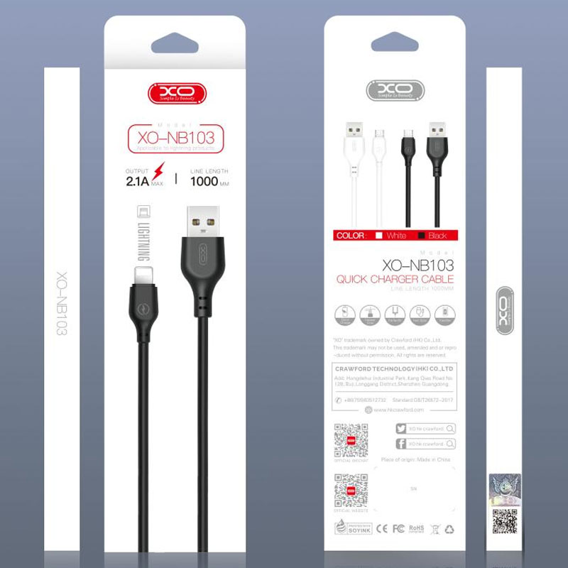 XO (NB103) - Cablu Date si Incarcare, USB-A la Lightning, 2.1A, Fast Charging, 2m, White