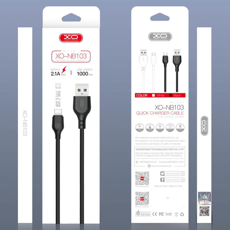 XO (NB103) - Cablu Date si Incarcare, USB-A la USB-C, 2.1A, Fast Charging, 1m, White