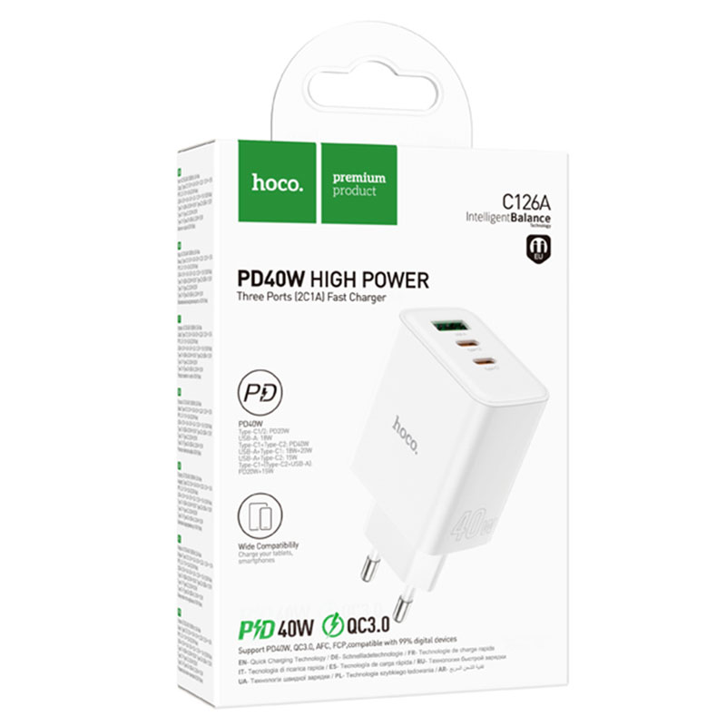 Hoco (C126A) - Incarcator Retea, 40W, 2xUSB-C, 1xUSB-A, PD, QC 3.0, White