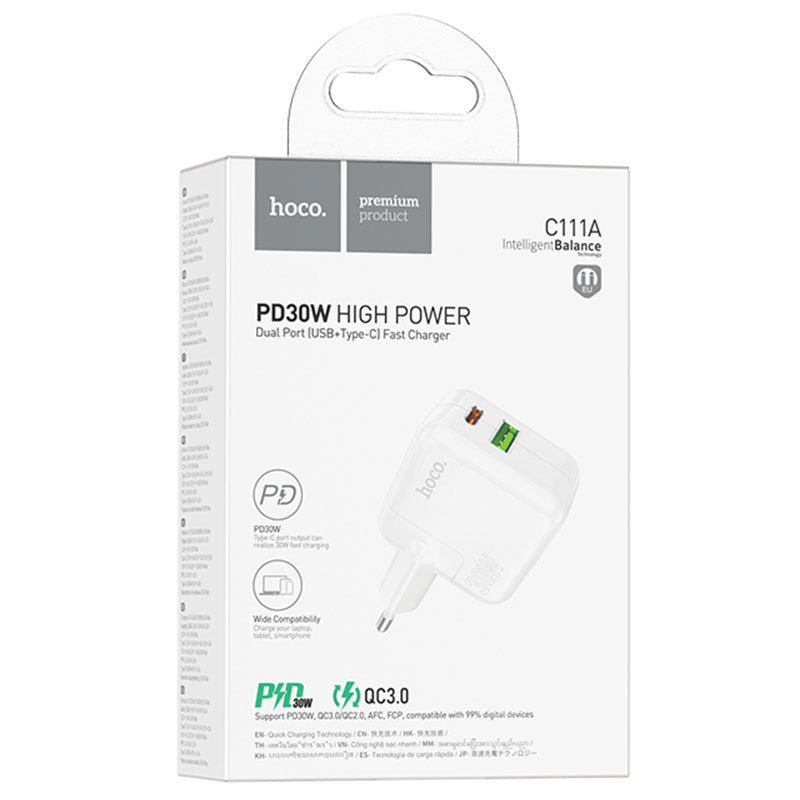 Hoco (C111A) - Incarcator Retea, 30W, 1xUSB-C, 1xUSB-A, PD, QC 3.0, White
