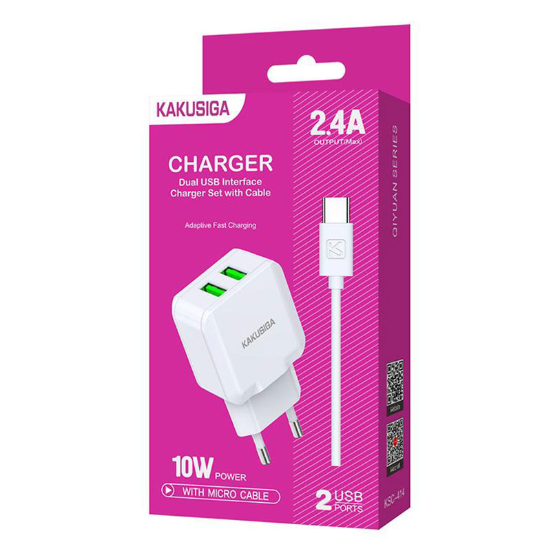 Kaku (KSC-414) - Incarcator Retea + Cablu USB-C, 10W, 2.4A, 2xUSB-A, QC 3.0, White
