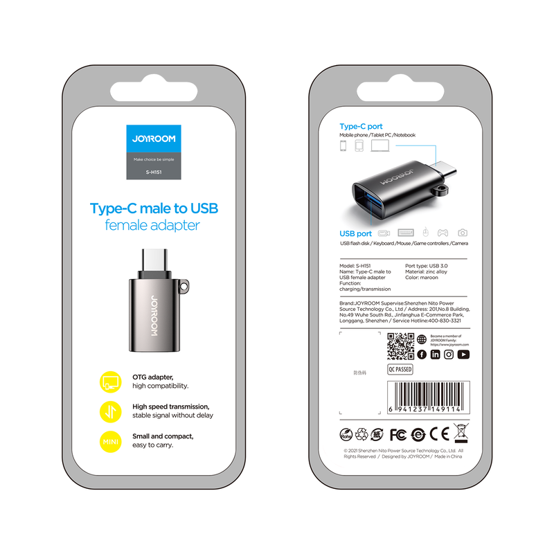 Joyroom (S-H151) - Adaptor OTG Transfer, USB-A la USB-C, Black