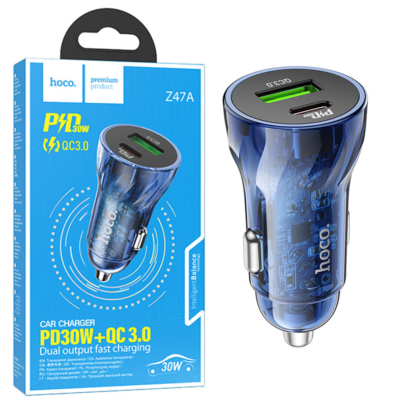 Hoco (Z47A) - Incarcator Auto, 30W, 1xUSB-C, 1xUSB-A, PD, QC 3.0 | Blue