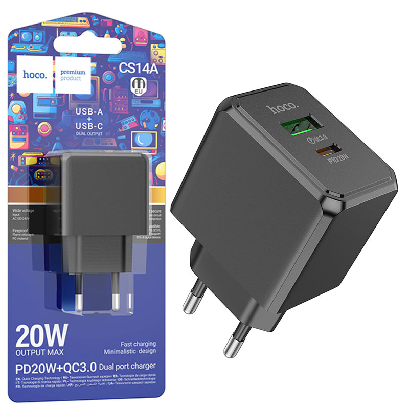 Hoco (CS14A) - Incarcator Retea, 20W, 1xUSB-A, 1xUSB-A, Black