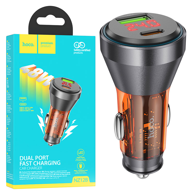 Hoco (NZ12B) - Incarcator Auto, 30W, 1xUSB-C, 1xUSB-A, PD, QC 3.0, Power LED, Clear, Orange