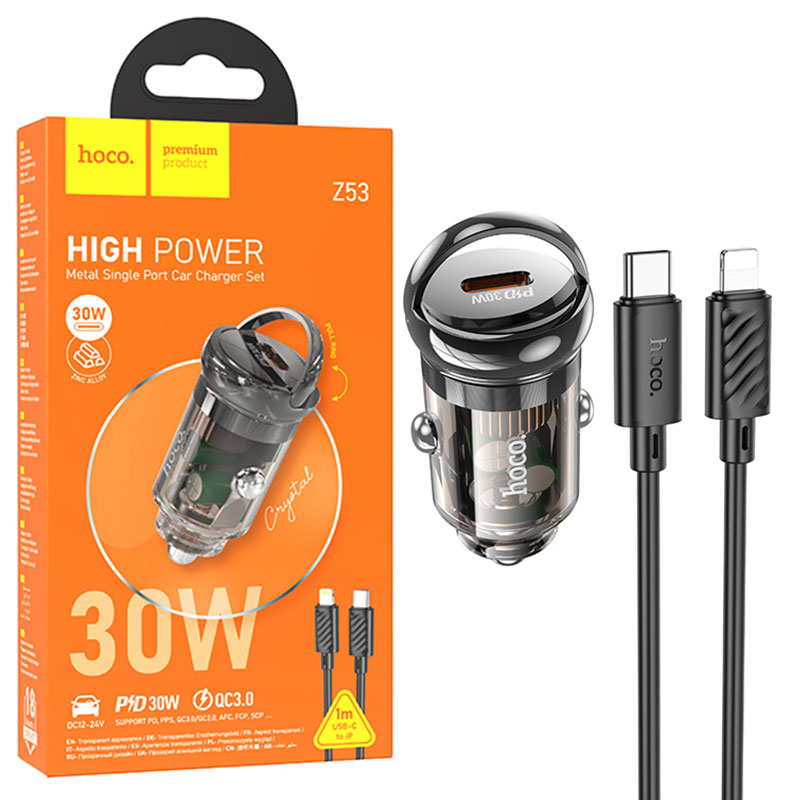 Hoco (Z53) - Incarcator Auto + Cablu Lightning, 30W, 1xUSB-C, PD, Ring-Pull, Black