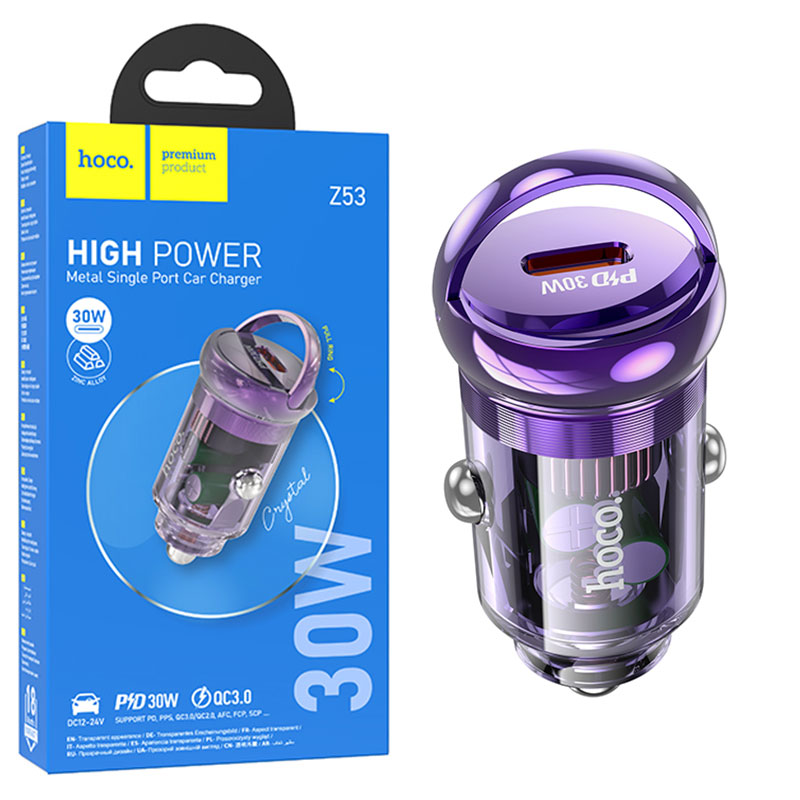 Hoco (Z53) - Incarcator Auto, 30W, 1xUSB-C, PD, Ring-Pull, Purple
