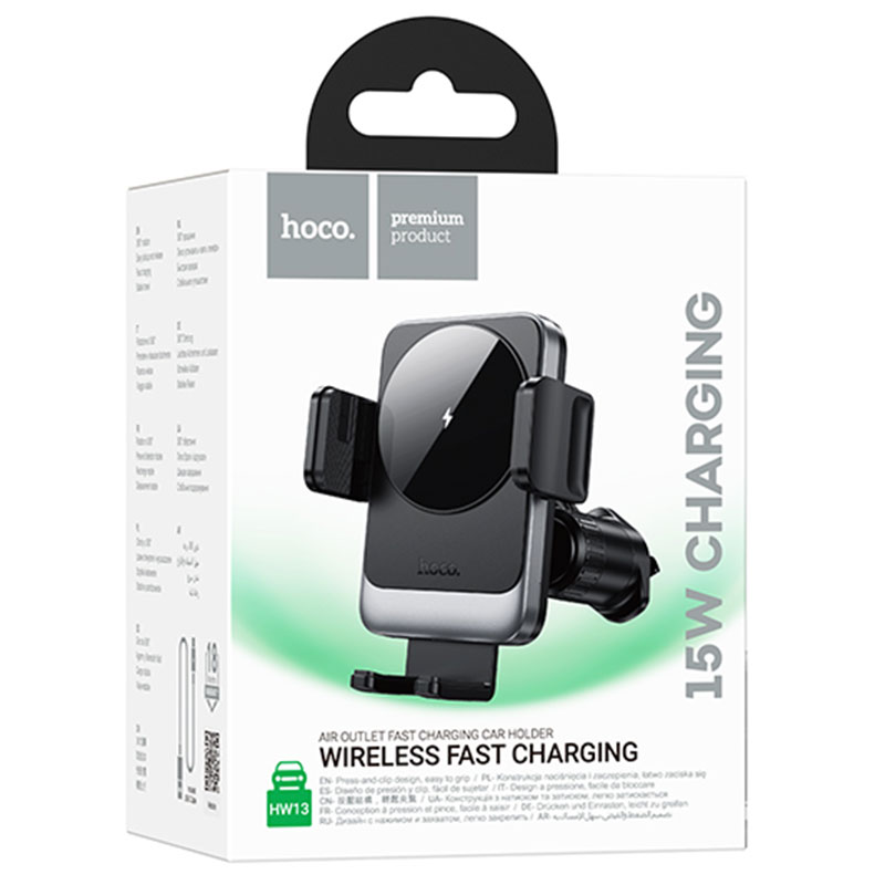 Hoco (HW13) - Suport Auto cu incarcare Wireless, 15, cu cleme laterale, montaj Ventilatie, cablu USB-C, 1m, AutoGravity, Pull Hook, Black