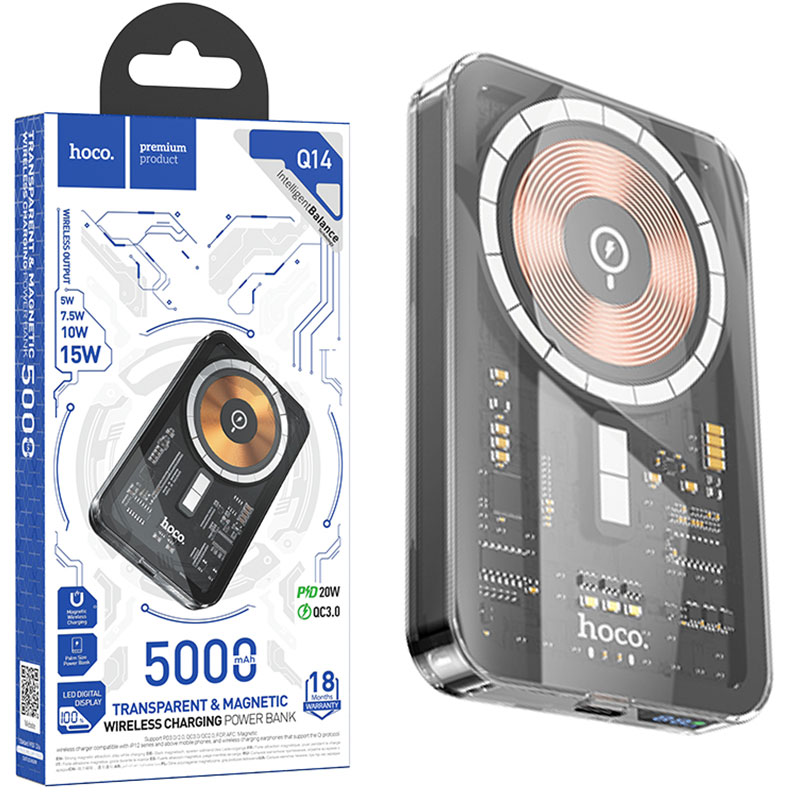 Hoco (Q14) - Baterie Externa Wireless, 1xUSB-C PD, 5V, 2A, Magnet, Display LED, 5.000mAh, Black
