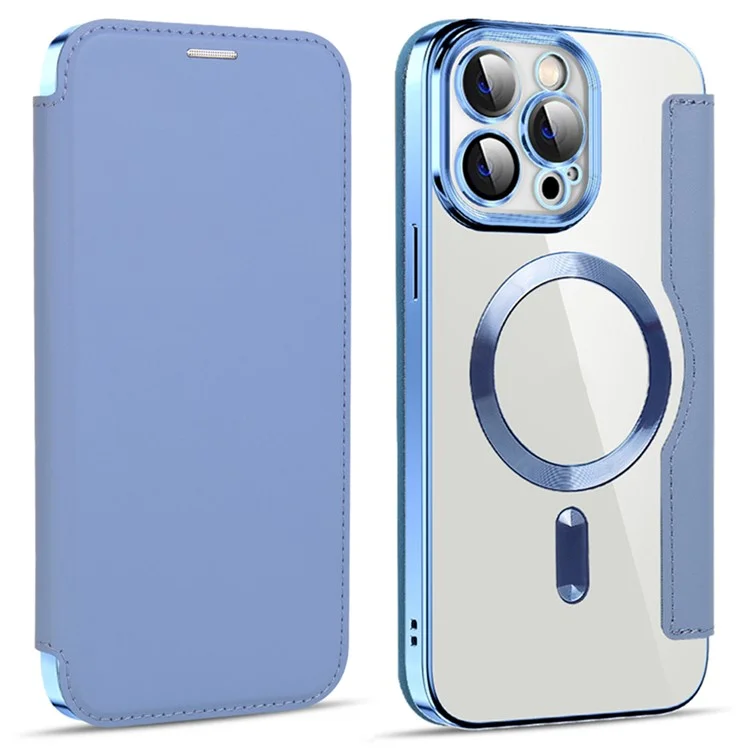 Husa MagFlip » iPhone 14 Pro Max, Magnet, RFID protect, Leather, Chrome Edge, Sky BLUE