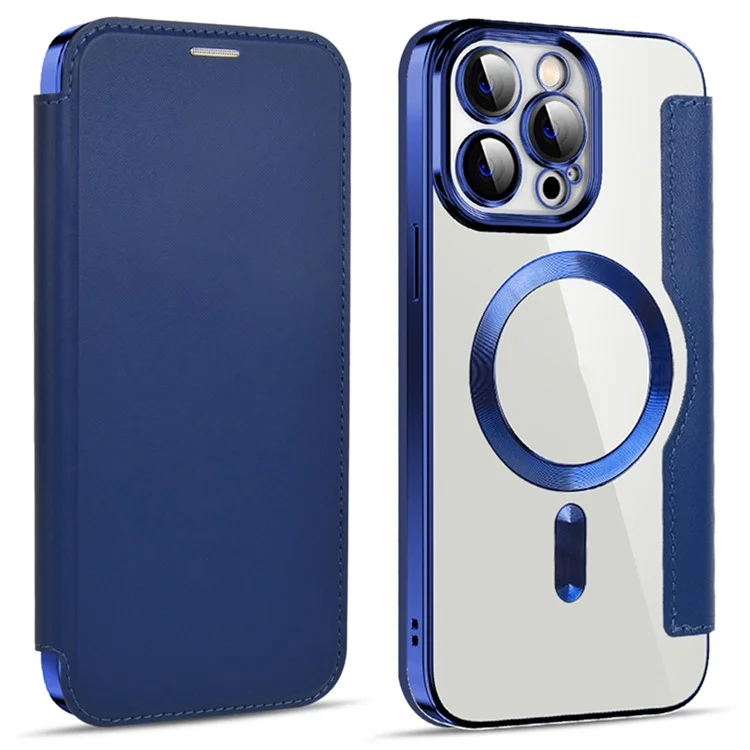 Husa MagFlip » iPhone 14 Pro Max, Magnet, RFID protect, Leather, Chrome Edge, Navy BLUE