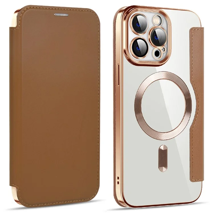 Husa MagFlip » iPhone 15 Pro, Magnet, RFID protect, Leather, Chrome Edge, Gold